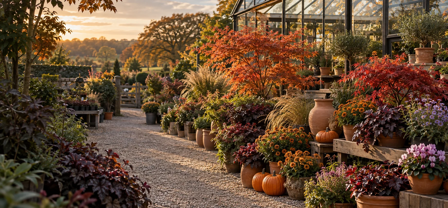 Autumn plants, Japanese maples and terracotta pots beside the Horti Valley glasshouse
