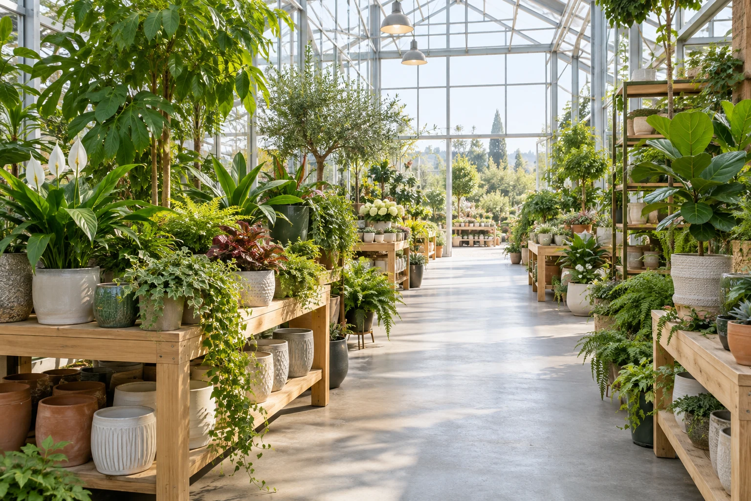 Horti Valley's bright glasshouse filled with healthy green plants and ceramic pots